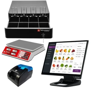 Punto de venta táctil con balanza para comercios que requieren pesaje integrado.