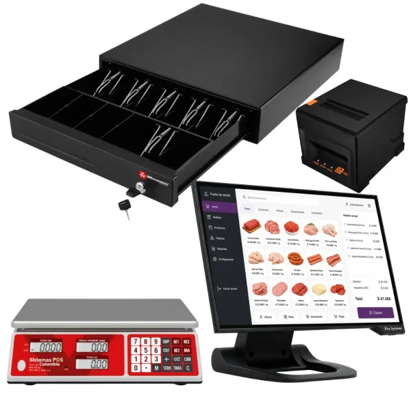 Sistema POS completo con pantalla táctil, balanza comercial e impresora térmica de 58mm
