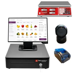 Sistema POS con balanza táctil para gestión de ventas y pesaje de productos, con lector omnidireccional