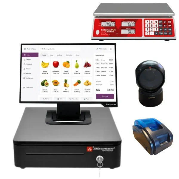 Sistema POS con balanza táctil para gestión de ventas y pesaje de productos, con lector omnidireccional