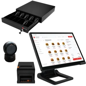 Sistema POS Completo para puntos de pago con pantalla táctil industrial con impresora de recibos 80mm y lector omnidireccional